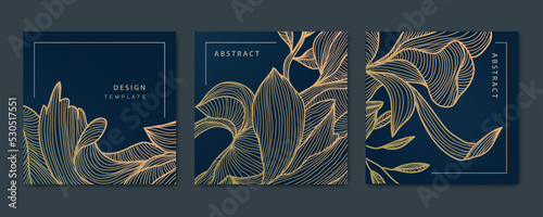 Vector set of abstract luxury golden square cards, post templates for social net, leaves, floral botanical modern, art deco wallpaper background. Pattern, texture for print, fabric, packaging design