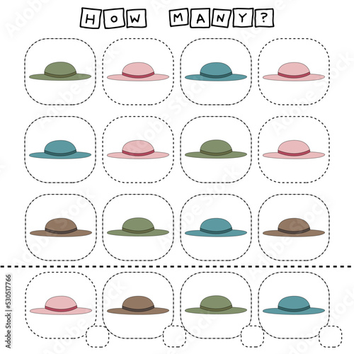 How many counting game with colorful hat. Worksheet for preschool kids, kids activity sheet, printable worksheet 