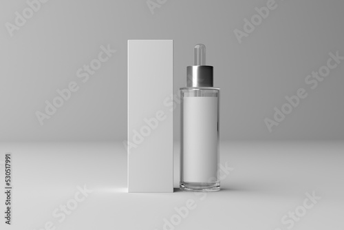 3d render Clear glass dropper bottle and box mockup with a place for design
