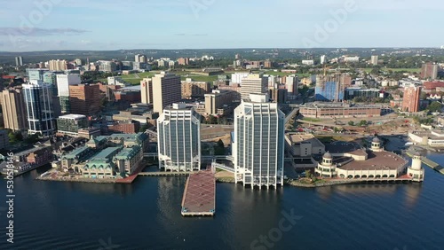 Halifax Nova Scotia, Canada, September 2022, aerial video view of Downtown Halifax with modern buildings located at waterfront  and Citadel Hill with the famous Halifax Citadel in background - K4  photo