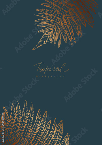 Luxury tropical background with golden linear fern on dark turquoise background
