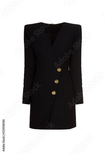 Ghost mannequin. Black women's business evening dress without human model. Female office classic blazer dress, tunic with golden buttons isolated on white background. Mock up, template