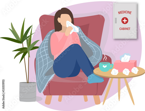 Fotografia sick woman possibly with cold or flu is at home on a sofa having a cup of tea or