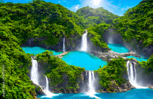 Beautiful waterfall with sunlight in jungle, paradise fantasy island. 3D Illustration