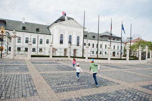 Kids walking at Grassalkovich Palace, Bratislava, Europe. Residence of the president of Slovakia in Bratislava.