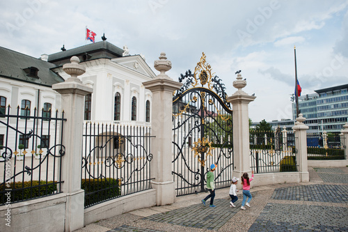 Kids walking at Grassalkovich Palace, Bratislava, Europe. Residence of the president of Slovakia in Bratislava. photo