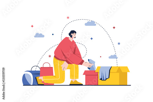 Donation concept with people scene in the flat cartoon design. Woman packs unnecessary clothes to give them to those who need them. Vector illustration.