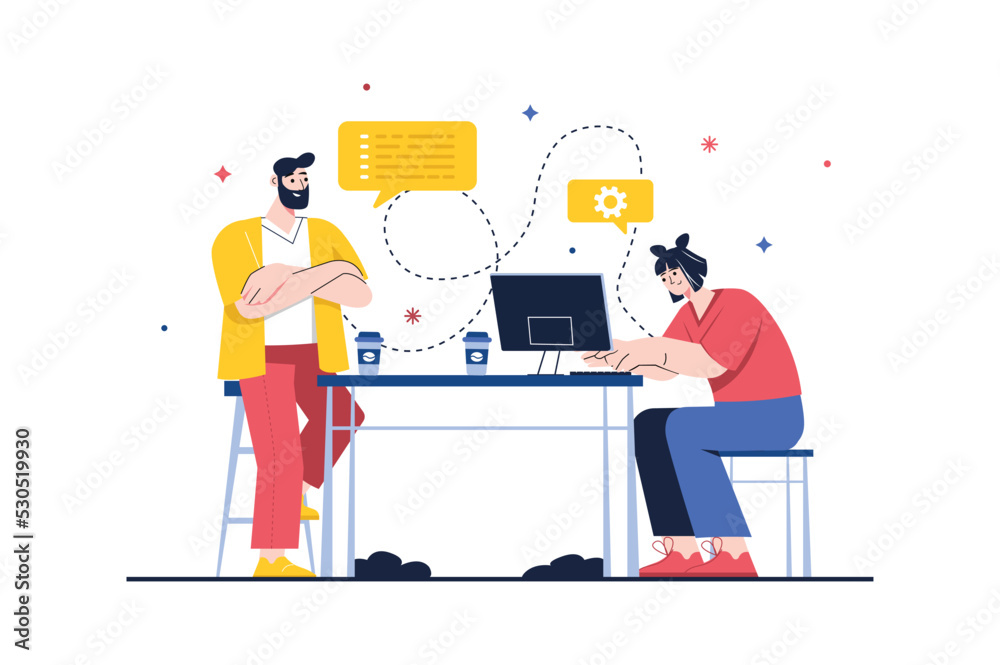 Programming concept with people scene in the flat cartoon style. Manager explains to a young programmer how to correctly write code for a program. Vector illustration.