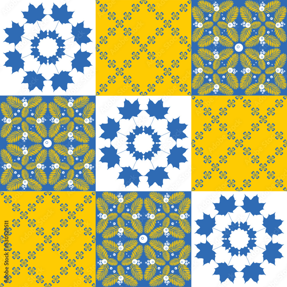 Spanish ceramic tiles azulejo talavera, contrast pattern blue yellow bright decor for walls and floors
