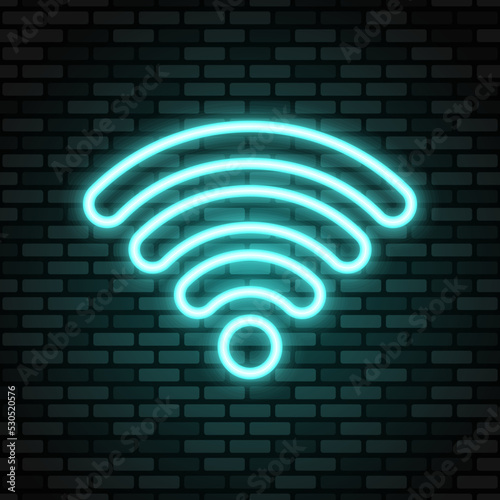 Wi-fi neon icon. Blue neon sign on dark brick wall. Best for polygraphy, mobile apps and web design.