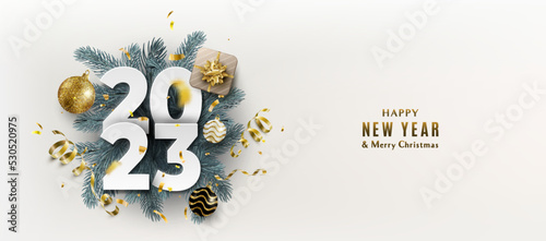 2023 Happy New Year. Festive 3d realistic decoration with big paper