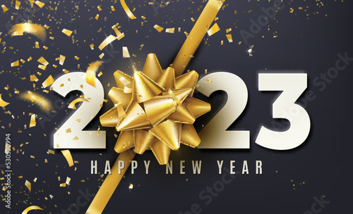 2023 Happy New Year vector background with golden gift bow, confetti