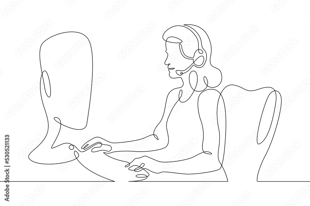 One continuous line.Call centre.Woman call center operator. Handling calls and messages. Operator with phone and computer. Manager in headphones with microphoneOne continuous line is drawn on a white 