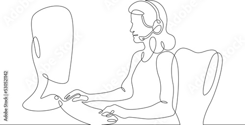 One continuous line.Call centre.Woman call center operator. Handling calls and messages. Operator with phone and computer. Manager in headphones with microphoneOne continuous line is drawn on a white 