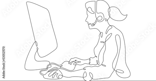 One continuous line.Call centre.Woman call center operator. Handling calls and messages. Operator with phone and computer. Manager in headphones with microphoneOne continuous line is drawn on a white 