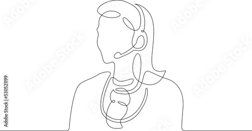 One continuous line.Call centre.Woman call center operator. Handling calls and messages. Operator with phone and computer. Manager in headphones with microphoneOne continuous line is drawn on a white 