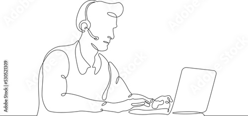 One continuous line.Call centre.Male call center operator. Handling calls and messages. Operator with phone and computer. Manager in headphones with microphoneOne continuous line is drawn on a white 