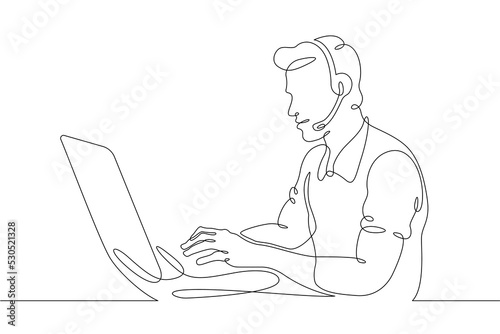 One continuous line.Call centre.Male call center operator. Handling calls and messages. Operator with phone and computer. Manager in headphones with microphoneOne continuous line is drawn on a white 