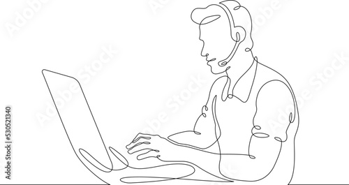One continuous line.Call centre.Male call center operator. Handling calls and messages. Operator with phone and computer. Manager in headphones with microphoneOne continuous line is drawn on a white 