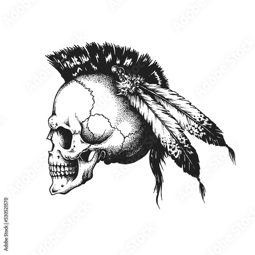 Native American Warrior Skull with Mohawk Iroquois Hairstyle and Tribal Feathered Headdress War Bonnet. Print or Tattoo Design. Vintage Hand Drawn Vector Illustration