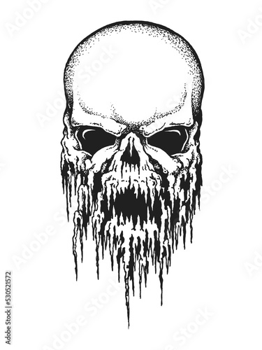 Frozen Human Skull Covered in Icicles. Print or Tattoo Design. Vintage Hand Drawn Vector Illustration