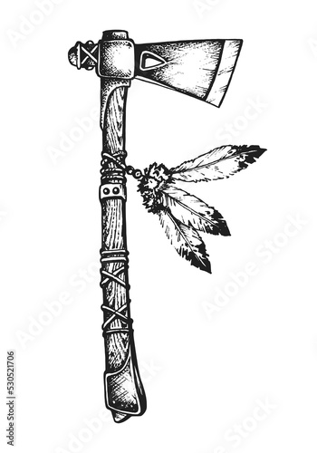 Native American Warrior Tomahawk Battle Axe Decorated with Feathers. Print or Tattoo Design. Vintage Hand Drawn Vector Illustration
