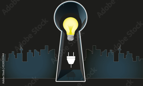 energy crises consumption energy saving electricity shortages city skyline blackout in the night light bulb icon keyhole silhouette electric plug vector illustration