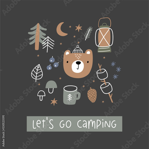 Cute hand drawn vector print - Camping, cartoon animals, bear, woodland tree, mushroom, berry, mountains, leaves. Summer camp in forest