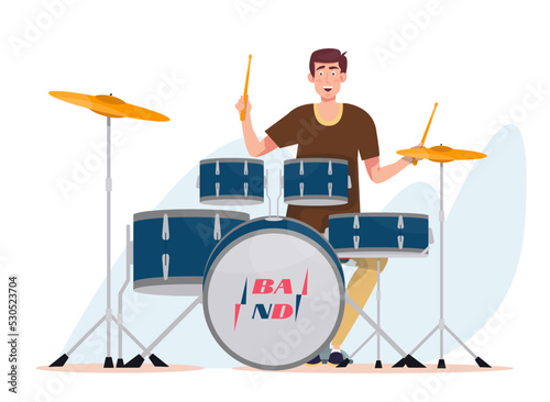 Man playing on a drum set. Drummer playing on the drum kit, cymbals. Musical band vector illustration. Musical instrument and musician. 