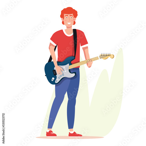 Man playing the electric guitar. Guitarist performing. Musical band vector illustration. Musical instrument and musician. 