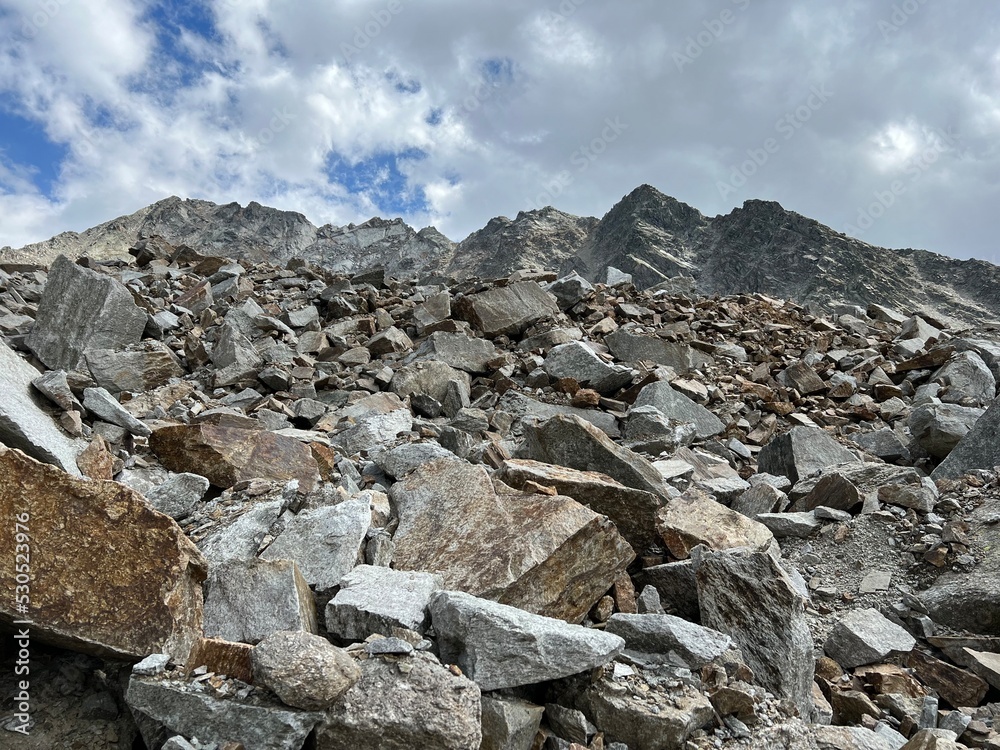 Remains of a large rock slide from an alpine peak Flüela Wisshorn or Fluela Wisshorn (3085 m) in the Silvretta Alps mountain range, Davos - Canton of Grisons, Switzerland (Kanton Graubünden, Schweiz) Remains of a large rock slide from an alpine peak Flüela Wisshorn or Fluela Wisshorn (3085 m) in the Silvretta Alps mountain range, Davos - Canton of Grisons, Switzerland (Kanton Graubünden, Schweiz)