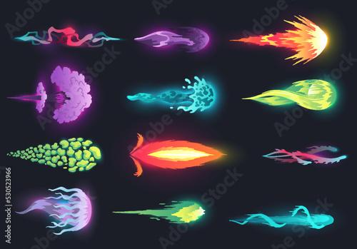 Cartoon laser gun beam. Alien combat weapon rays. Futuristic shot effect. Destructive plasma flow. Bomb blaster attack explosion. Vector game element
