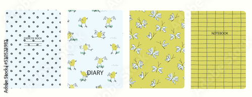 Set of cover page templates based on patterns with chickens, birds, butterflies, moths, plaid, abstract circles. Blue, Backgrounds for notebooks, notepads, diaries, planner. Headers isolated