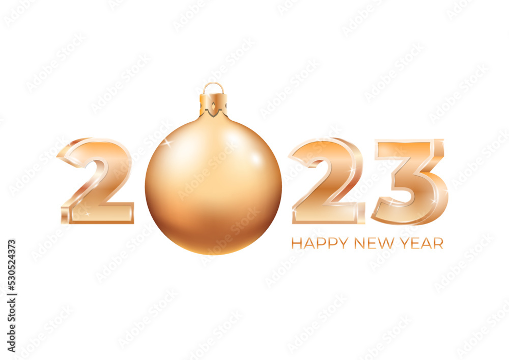 Happy New Year 2023 greeting card template. Gold 3D numbers and a Christmas ball on a white background. Can be used as a greeting card, a banner or an invitation. Happy New Year 2023 greeting card template. Gold 3D numbers and a Christmas ball on a white background. Can be used as a greeting card, a banner or an invitation.