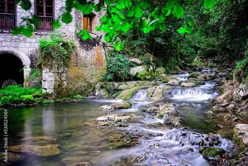 Water mill next to the creek in the forest