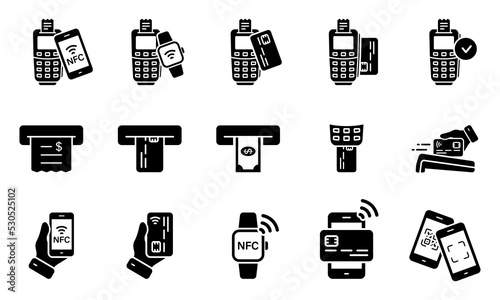 Pay Transaction by Mobile Phone, Smart Watch, Credit Card on POS Silhouette Icon Set. NFC Cashless Wireless Payment Technology Glyph Pictogram. ATM Money Withdraw Icon. Isolated Vector Illustration