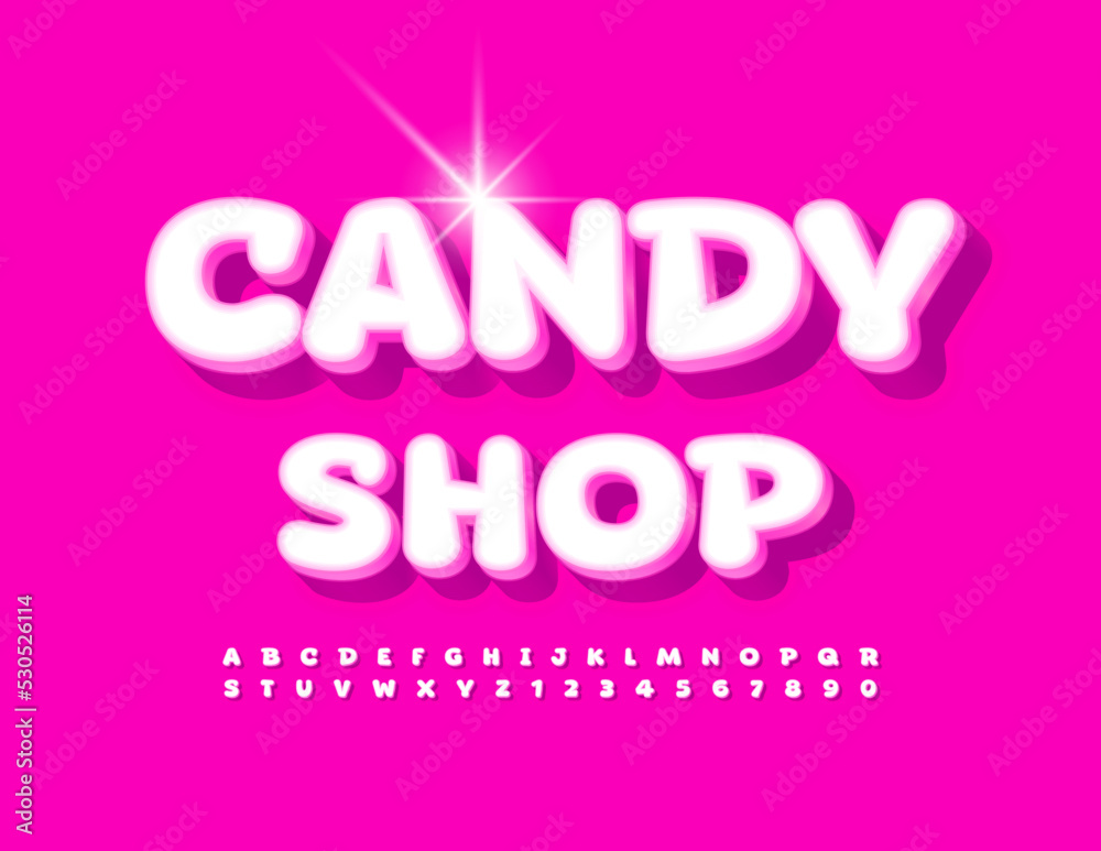 Vector sweet sign Candy Shop. White and Pink 3D Font. Creative Alphabet Letters and Numbers.