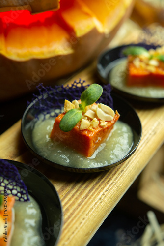 Canapes on a buffet on a wooden table