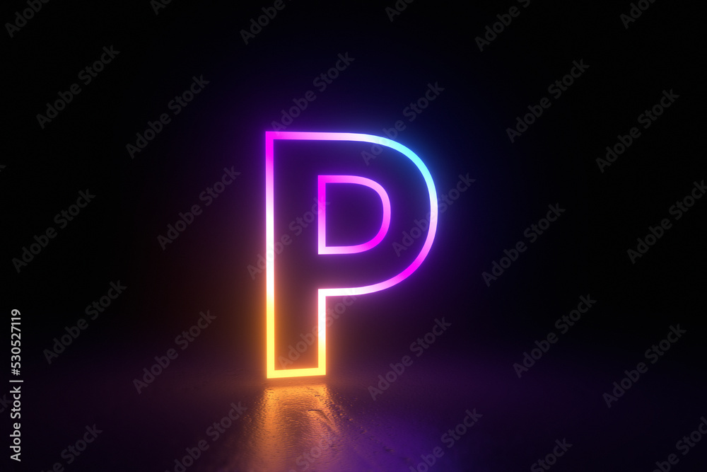p letter character neon light black background isolated reflection illustration 3d render - obrazy, fototapety, plakaty 