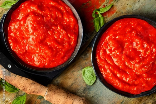 Top view of small bowls of fresh tomato paste © Omer Mendes/Wirestock Creators