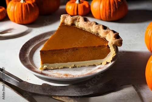 Closeup shot of a slice of delicious sweet creamy pumpkin pie photo