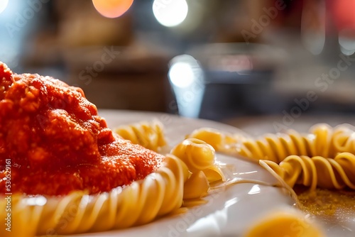 Closeup of a plate of rotini pasta dish with tomato sauce photo
