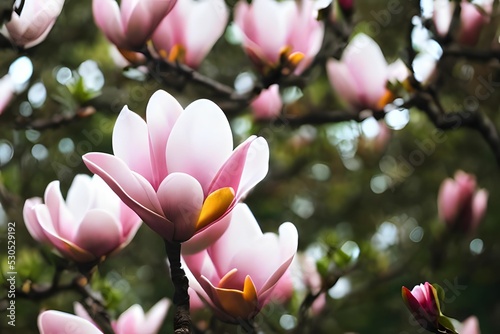 Closeup of vibrant pink magnolia flowers photo