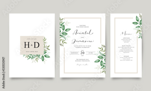 Set of elegant wedding invitation templates with green leaves photo