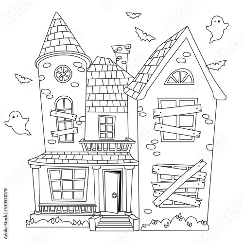 Haunted house outlined for coloring page