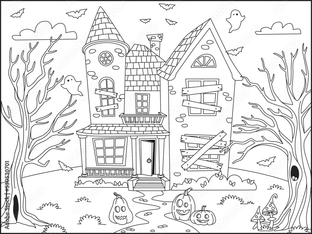 Halloween background with Haunted house outlined for coloring page