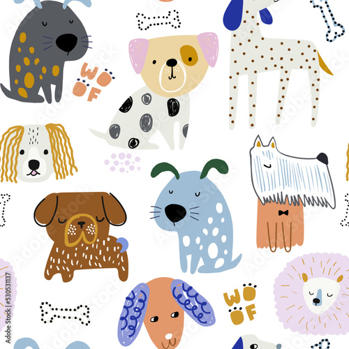 Seamless pattern with cute creative dogs. Funny puppy childish texture. Vector illustration