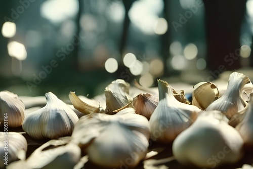 Closeup of whole unpeeled garlic with bokeh lights in the background