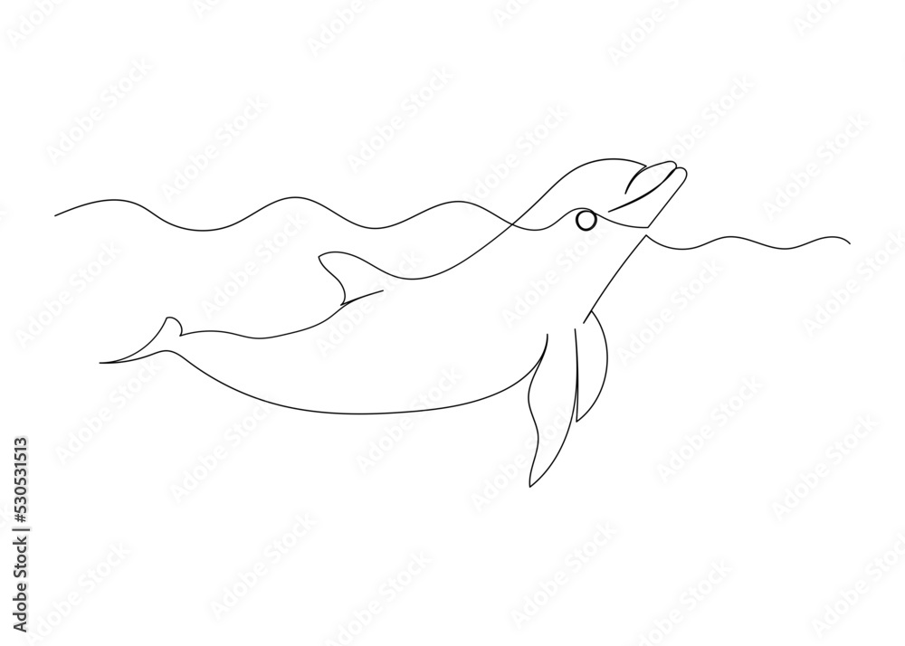 Continuous line drawing of dolphin with the ocean. Minimalism art. Continuous line drawing of dolphin with the ocean. Minimalism art.