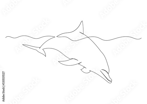 Continuous line drawing of dolphin with the ocean. Minimalism art.